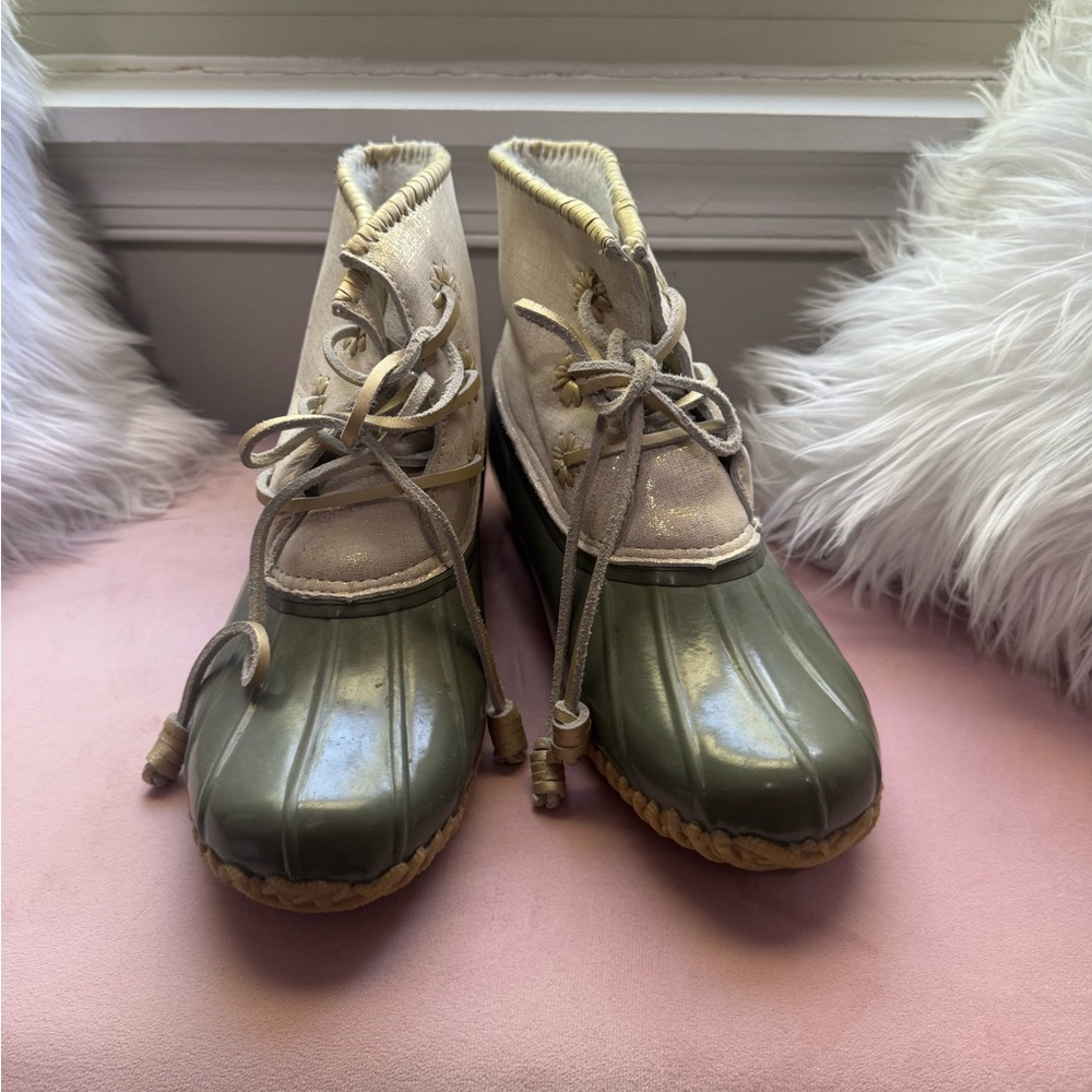 Classic Jack Rogers Green and Cream Duck Boots - Women's Waterproof Lace-Up